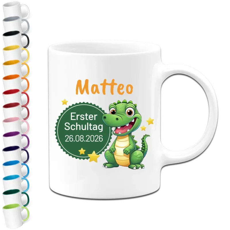Personalisierte Tasse - Erster Schultag mit Datum & Name - Design Dino - Geschenk zur Einschulung