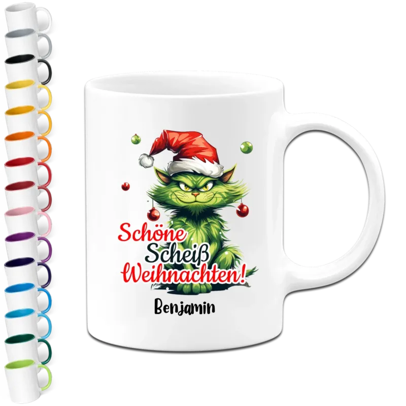 Bild: Personalisierte Weihnachtstasse - Grüne Katze Schöne Scheiß Weihnachten - Tasse mit Name.