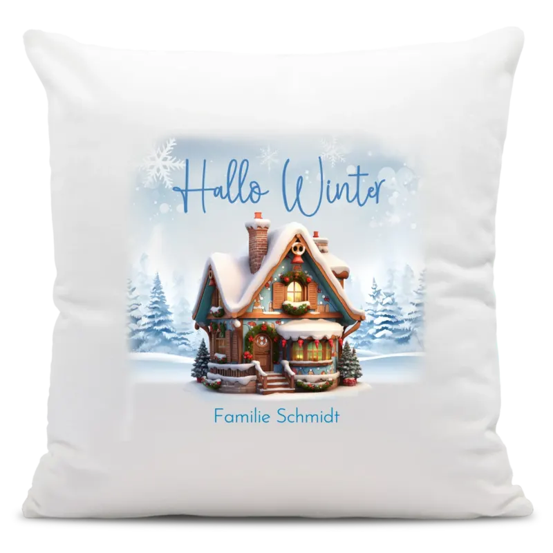 Bild: Personalisiertes Weihnachts-Kissen - Hallo Winter mit süßem Haus, Winterwelt und Wunschtext, Namen.