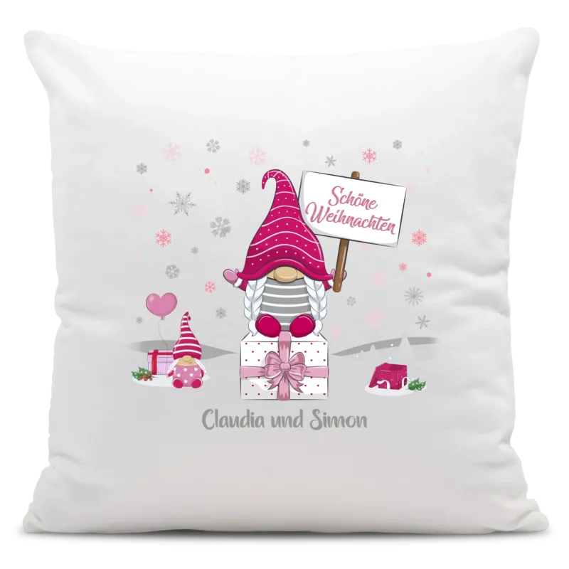 Bild: Personalisiertes Weihnachts-Kissen - Rosa Wichtel Schöne Weihnachten mit Wunschtext, Namen - Weihnachtsgeschenk.