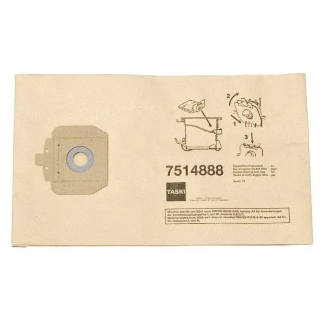 Der Doppelfilter-Papiersack 15 l von Diversey Deutschland GmbH & Co. OHG (10er-Pack), für TASKI Vento 15S, verfügt über eine doppelte Filterung und wird in einem rechteckigen Beutel mit bebilderter Montageanleitung, beschriftet mit "TASKI 7514888", geliefert.