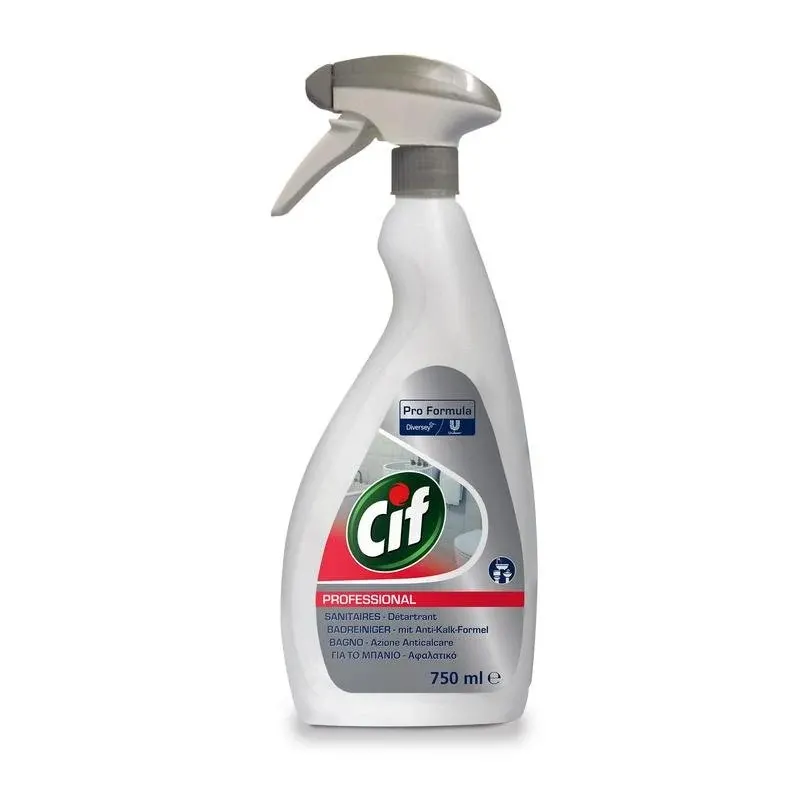 Eine 750 ml weiße Sprühflasche Cif Professional Badreiniger von Diversey Deutschland GmbH & Co. OHG, mit grauer Düse und Etikett, mit 2 in 1 Reinigen und Entkalken für effektive Kalk- und Badreinigerwirkung.