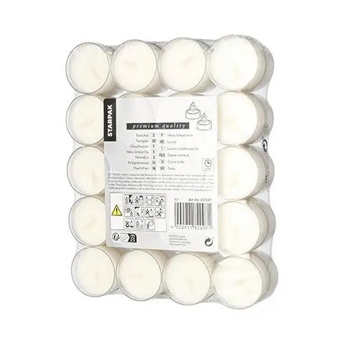 Eine Packung mit 40 weißen Starpak-Teelichtern (Ø 38 mm, 19 mm) wird aus Sicherheitsgründen in einer Polycarbonathülle geliefert, mit einem zentralen rechteckigen Etikett auf der eingeschweißten Schale, das Produktinformationen, Anweisungen und Warnhinweise anzeigt.