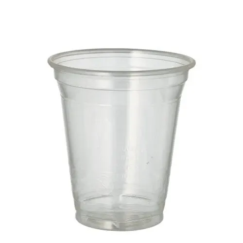 Der PAPSTAR Kaltgetränkebecher PLA "pure", glasklar (Ø 9,5 cm, 70 Stück) von PAPSTAR GmbH ist biologisch abbaubar, mit leicht ausgestelltem Rand und Messmarkierungen, präsentiert vor weißem Hintergrund.