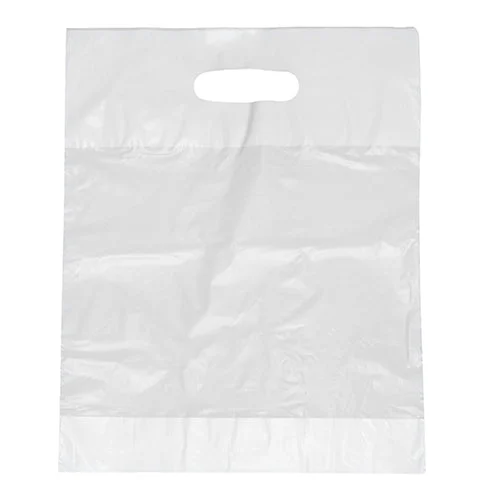 Die Starpak 100 Griffloch-Tragetaschen, HDPE weiss von Starpak sind durchsichtige, strapazierfähige rechteckige Taschen mit gestanztem Griff, die leer vor einem schlichten weißen Hintergrund abgebildet sind.