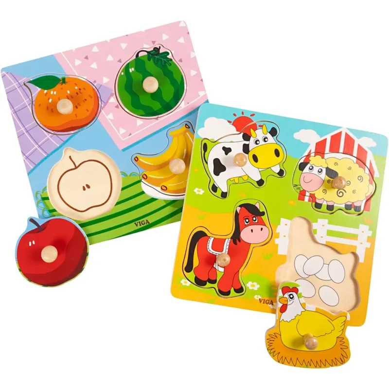 VIGA wooden jigsaw puzzles with knobs, fruit and farm animals, size 22x22 cm, 2x4 puzzle pieces, 2 parts/ 1 set