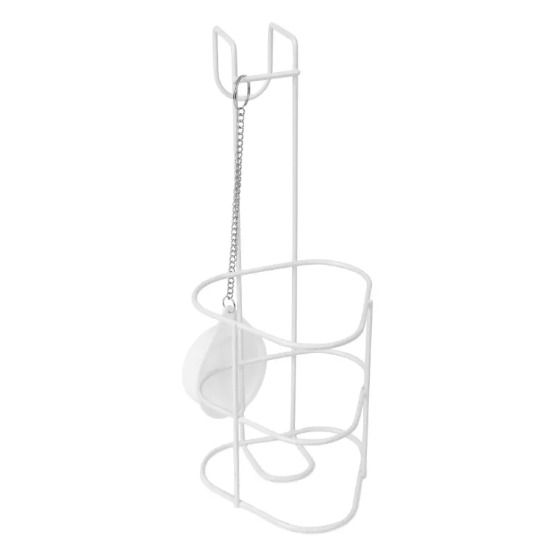 Die ARNOWA GmbH ARNOMED Urinflaschen-Halterung (1 Stück) ist ein weißer Metallhalter mit offenem Rahmen und einer weißen Toilettenbürste an einer Kette, perfekt für die Organisation von medizinischem Zubehör, vor einem schlichten Hintergrund.