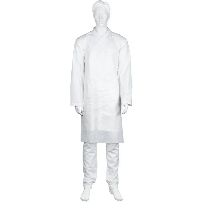 Eine Schaufensterpuppe trägt eine weiße Abena Re-Seller GmbH Einwegschürze, 75x125 cm, 18 my LDPE (Packung mit 100 Stück), aufrecht stehend mit seitlich angelegten Armen vor einem schlichten weißen Hintergrund.