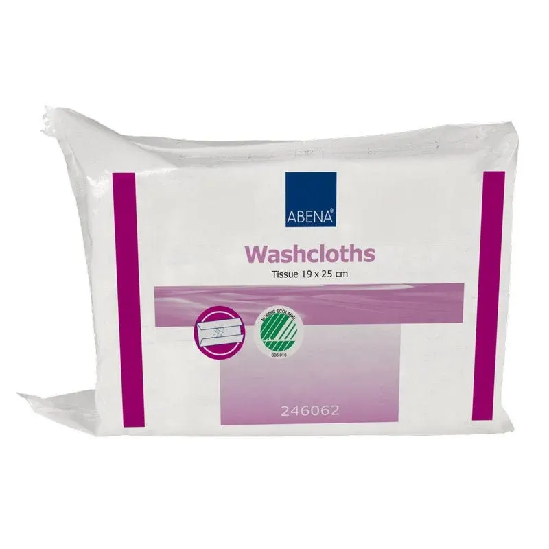 Eine durchsichtige Plastikverpackung mit der Aufschrift "Abena Re-Seller GmbH Einmal-Waschlappen, Papier 6-lagig, 19x25 cm, Weiß" enthält 125 Waschlappen. Auf der Vorderseite befinden sich lila und grüne Markierungen und die Nummer 246062; die Waschlappen sind im Inneren sichtbar.