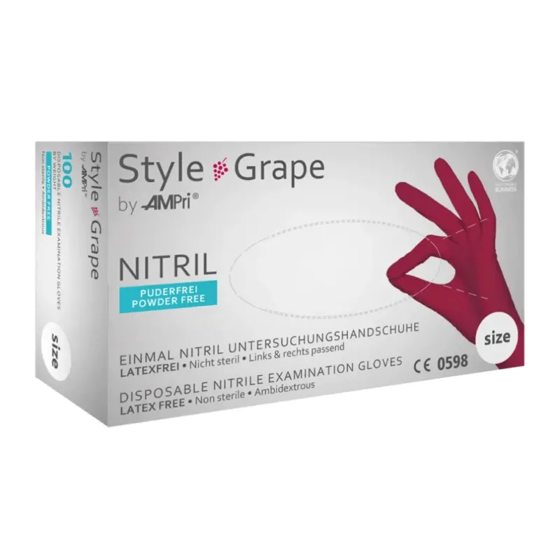 Abbildung einer Schachtel AMPri STYLE GRAPE Nitrilhandschuhe puderfrei von MED-COMFORT, Bordeaux, von AMPri Handelsgesellschaft mbH. Die Schachtel ist weiß mit violetten Details und zeigt das Bild einer Hand, die einen Bordeaux-Handschuh trägt. Diese Einmalhandschuhe sind latexfrei, unsteril und haben ein beidhändiges Design.