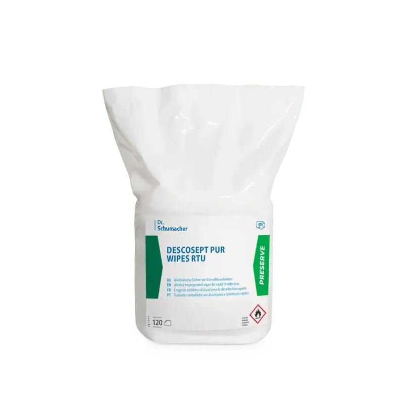 Die weiße Kunststoffpackung der Dr. Schumacher Descosept Pur Wipes RTU Desinfektionstücher (120 Stück) der Dr. Schumacher GmbH hat blaue und grüne Akzente sowie Sicherheits- und Anwendungshinweise für Schnelldesinfektion auf der Verpackung.