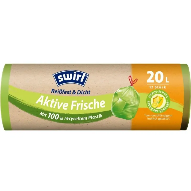 Swirl Aktive Frische Müllbeutel 20 l Reißfest & Dicht von Melitta Europa GmbH & Co. KG bietet eine Rolle mit 12 Beuteln aus 100 % Recyclingkunststoff und einem Zitrusduftindikator für langanhaltende Frische.