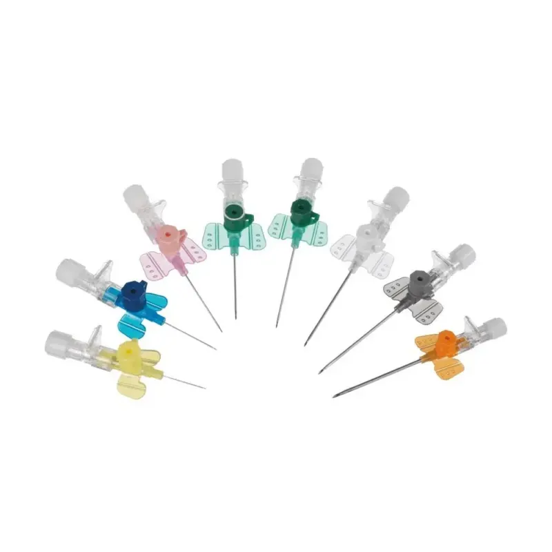 Eine halbkreisförmige Anordnung von acht B. Braun Vasofix® Safety-Intravenöskathetern von B. Braun Deutschland GmbH & Co. KG, jeder davon mit einem farbigen Flügel in den Farben Pink, Blau, Gelb und Grün. Diese FEP-Katheter sind für medizinische Anwendungen konzipiert und gewährleisten eine sichere und effektive Anwendung.