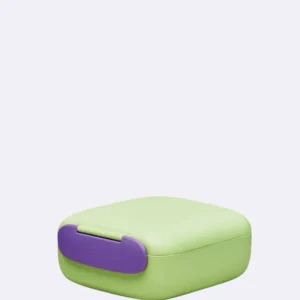 Rechteckige Lunchbox in grün mit violettem Verschluss