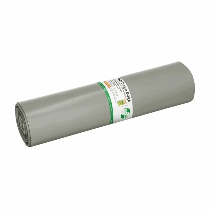 Die DEISS LOOP PLUS Abfallsäcke 29290, eine 120 Liter fassende graue Kunststoffplane der Marke EMIL DEISS KG (GmbH + Co.), sind mit Texten und Symbolen in auffälligen grünen und schwarzen Markierungen versehen. Die zylindrische Plane besteht aus recyceltem Material und entspricht den Prinzipien der Kreislaufwirtschaft, sodass sie vielseitig einsetzbar ist.
