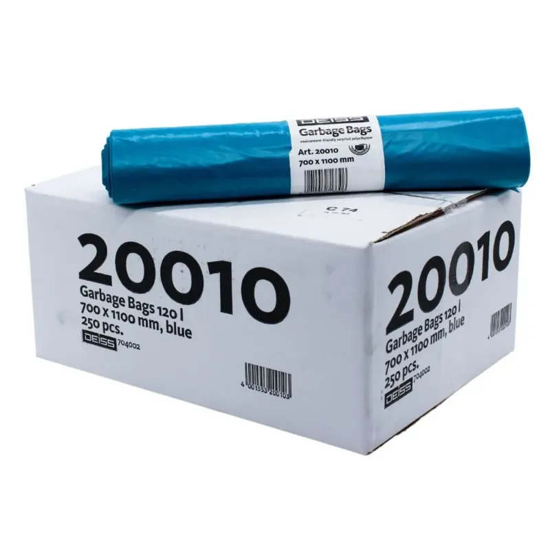 Auf einem weißen Karton mit der Aufschrift „DEISS Abfallsäcke 120 Liter Typ 60, 20010, blau“ befindet sich eine Rolle blauer Müllsäcke der EMIL DEISS KG (GmbH + Co.) aus Recycling-LDPE. Diese reißfesten Säcke sind mit Produktdetails und Identifikationsnummern versehen, um für mehr Nachhaltigkeit zu sorgen.