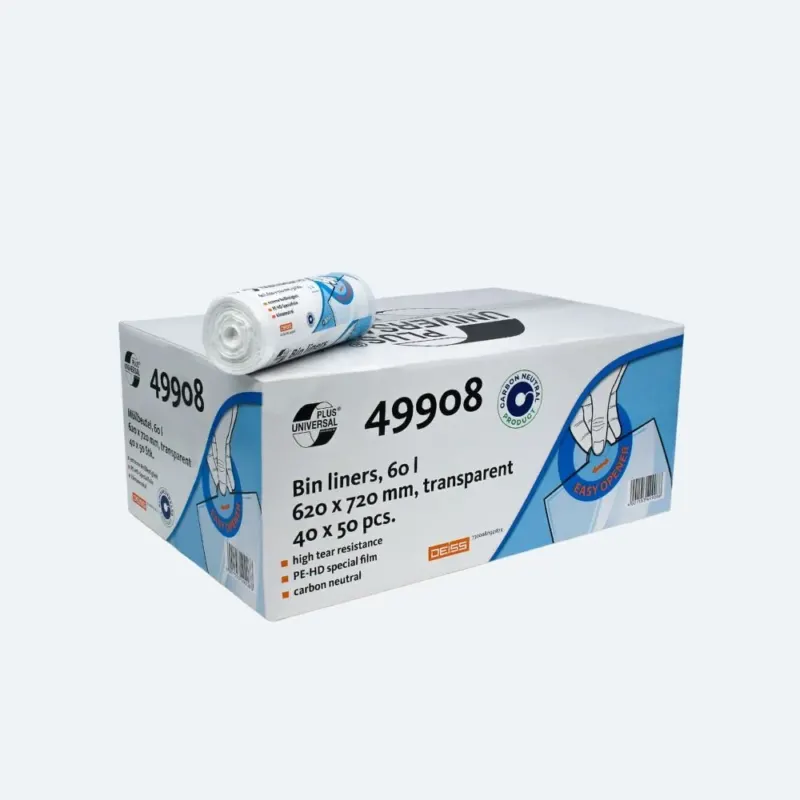 Ein Karton und eine Rolle transparenter DEISS Universal Plus® Müllbeutel 60 Liter mit der Aufschrift „49908“, hergestellt von EMIL DEISS KG (GmbH + Co.). Der Karton enthält 40 Rollen mit einem Fassungsvermögen von jeweils 60 Litern und den Abmessungen 620 x 720 mm. Die aus HDPE gefertigte Verpackung zeichnet sich durch Eigenschaften wie hohe Reißfestigkeit und CO2-Neutralität aus.