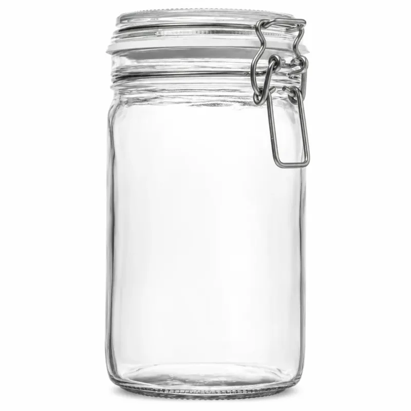 Hohes eckiges Drahtbügelglas aus Klarglas mit Glasdeckel, weißem Gummiring und Metallverschluss in Frontansicht