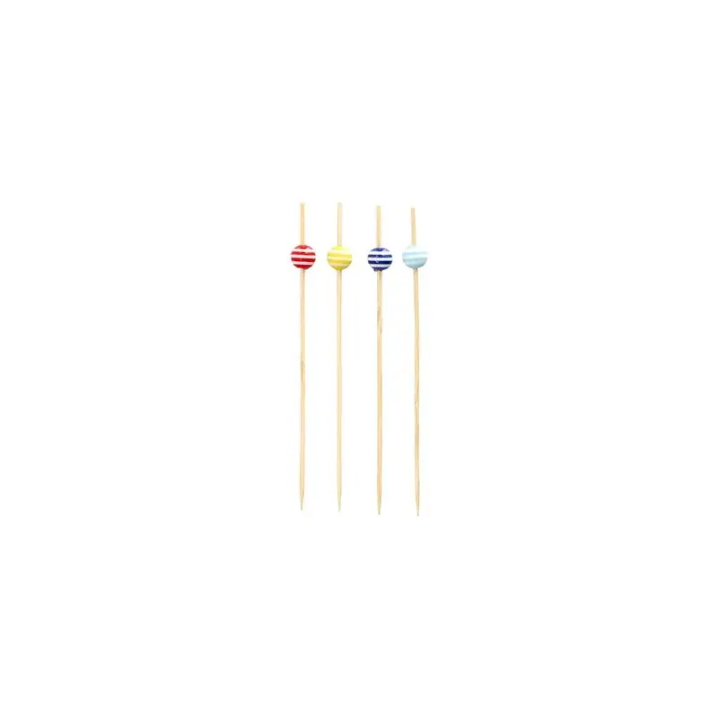 Vier 12 cm große PAPSTAR Fingerfoodspieße, die jeweils mit einer Streifenperle in Rot, Gelb, Blau und Hellblau verziert sind, sind in einer Reihe angeordnet. Die stylischen Artikel der PAPSTAR GmbH sind als nachhaltige Einwegprodukte gefertigt und ruhen elegant auf einem schlichten weißen Untergrund.