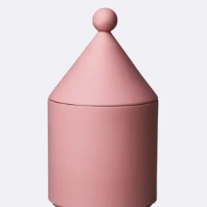 Aufbewahrungsbehälter aus Porzellan in Rosa mit spitzer Haube und Kugel an der Spitze
