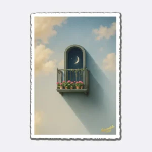 Postkarte mit Himmelbalkon, Mond und Blumen mit Schriftzug "Impossible Cards"
