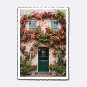 Postkarte mit Hausfassade aus Blumenranken in Rosa und Rot mit Schriftzug "Impossible Cards"