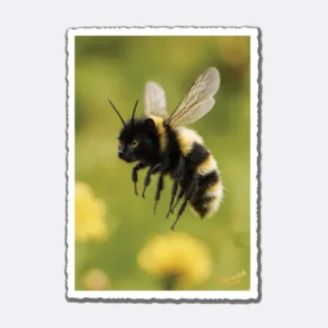 Postkarte mit beigem Hintergrund einer fliegenden Biene mit Katzenkopf und Schriftzug "Impossible Cards"