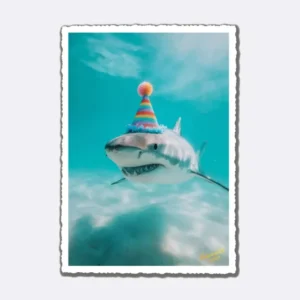 Postkarte mit Hai im Meer, trägt bunte Partyhut mit Schriftzug "Impossible Cards"