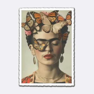 Postkarte mit Schmetterlingen in Orange-Braun auf Frauenporträt und Schriftzug "Impossible Rose"