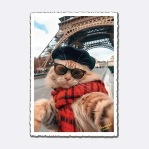 Postkarte mit Katze in Sonnenbrille und rotem Schal vor Eiffelturm und Schriftzug "Impossible Cards"
