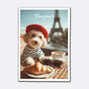 Postkarte mit Hund in gestreiftem Pullover und rotem Barett mit Schriftzug "Bonjour"