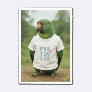 Postkarte mit grünem Papagei im weißen T-Shirt mit Schriftzug "FAB YOU are LUS"