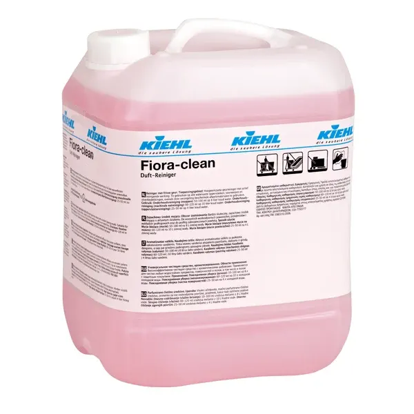 Ein 10-Liter-Kanister Kiehl Fiora-Clean Duft-Reiniger der Johannes Kiehl KG, mit weißem Verschluss, rosa Flüssigkeit und Etikett mit Produktinformationen und Anwendungshinweisen.