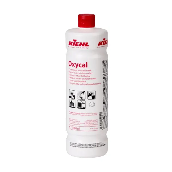 Die weiße 1-Liter-Flasche Johannes Kiehl KG Oxycal Sanitärreiniger mit Frischluft-Effekt hat einen roten Verschluss, ein deutsches Etikett mit Anwendungssymbolen für hygienisch saubere Oberflächen, klare Anweisungen und das Kiehl-Logo auf der Oberseite.