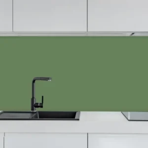 Küche - RAL 6011 (Reseda grün) hinter weißen Hochglanz-Küchenregalen und schwarzem Wasserhahn