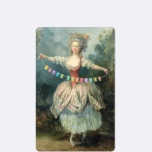 Mini Postkarte mit Gemälde einer Lady und buntem Schriftzug "HAPPY BIRTHDAY"