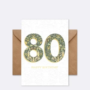 Doppelkarte mit floralen Mustern in Grün und Gelb und Schriftzug "HAPPY BIRTHDAY"
