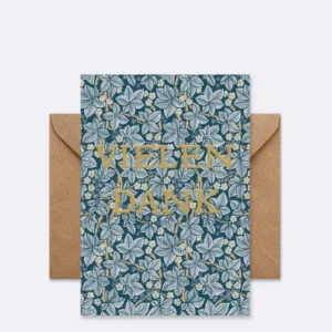 Doppelkarte mit floralem Muster in Blau und Braun mit Schriftzug "VIELEN DANK"