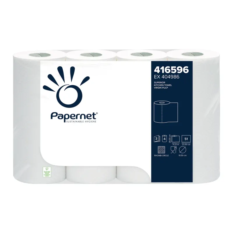 Eine Verpackung Papernet Küchenrolle von Sofidel Germany GmbH präsentiert ihr „Sustainable Hygiene“-Design. Die Verpackung enthält sechs Rollen 3-lagige Küchenrolle, jede für das Händetrocknen geeignet und aus hochwertigem Zellstoff hergestellt. Sie ist mit dem Produktcode „416596 EX 404986“ gekennzeichnet und weist ein Symbol auf, das 51 Meter pro Rolle anzeigt.