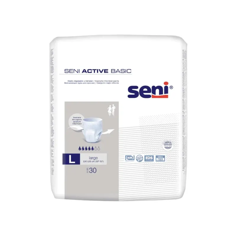 Eine Packung mit 30 Seni Active Basic Inkontinenzpants (Größe M-XL) der TZMO Deutschland GmbH wird auf weißem Hintergrund mit Produktinformationen, Funktionssymbolen für den Blasenschwächeschutz und einer Windelillustration abgebildet.