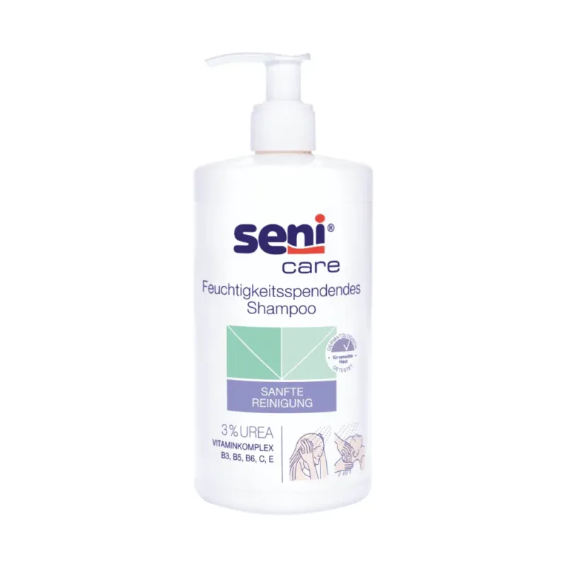 Eine 500-ml-Tube Seni Care Shampoo der TZMO Deutschland GmbH enthält 3 % Urea und einen Vitaminkomplex für trockene und empfindliche Kopfhaut, wobei der deutsche Text durch blaue, grüne und violette Akzente hervorgehoben wird.