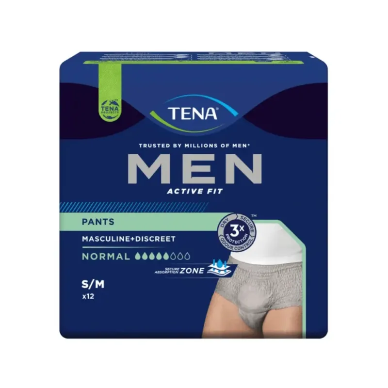 Das Bild zeigt eine Packung TENA Men Active Fit Pants Normal Inkontinenzhosen in Grau, perfekt zur Bewältigung von Harnverlust. Die überwiegend dunkelblaue Verpackung mit grünen Akzenten kennzeichnet das Produkt unten rechts und betont sein maskulines und dezentes Design mit normaler Saugstärke.