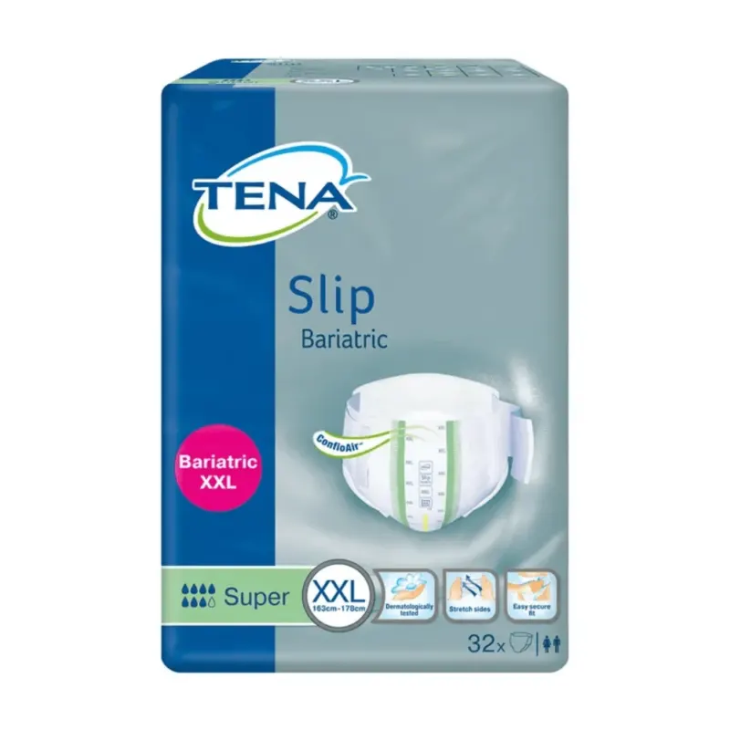 Eine Packung TENA ProSkin Slip Bariatic Super Inkontinenzvorlage von Essity Germany GmbH, konzipiert für Personen mit Taillenumfang 163cm-178cm, bietet Komfort durch atmungsaktives Material, einen Geruchsneutralisierer, elastische Seiten und leicht zu öffnende Laschen. Dieses XXL-Produkt umfasst 32 Erwachsenenwindeln.