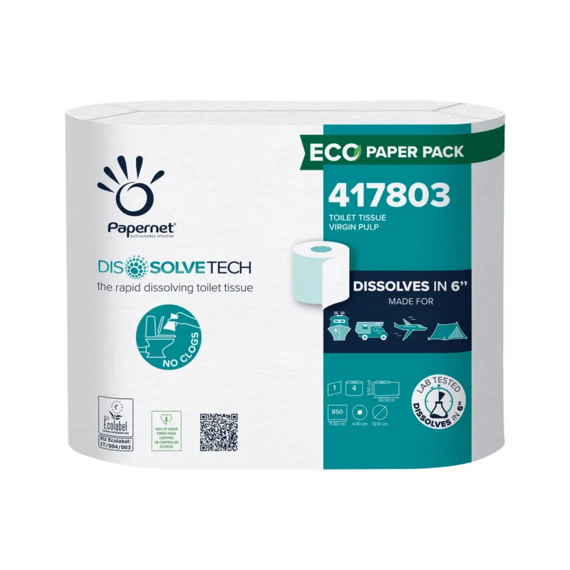 Das Papernet Toilettenpapier mit Dissolve Tech Technologie von Sofidel Germany GmbH zeichnet sich durch seine schnelle Auflösung aus und verhindert Verstopfungen durch die Verwendung von umweltfreundlichem Zellstoff, der sich in nur 6 Sekunden auflöst. Die Verpackung zeigt Logos für Öko-Papierpackungen und im Labor getestete Werbeaussagen, alles in antibakteriellem Verpackungsmaterial verpackt.