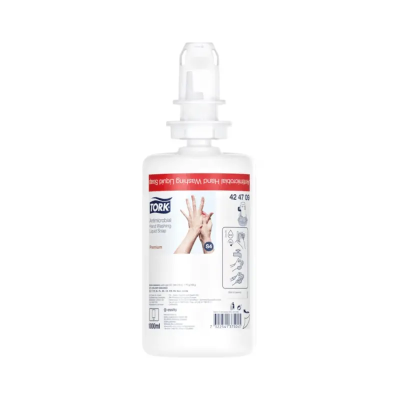 Eine Flasche Tork 424709 Antimikrobielle Flüssigseife, angereichert mit pflanzlichen Inhaltsstoffen, zeigt ein Diagramm von sich waschenden Händen, verfügt über einen Pumpspender und hat ein Produktvolumen von 1000 ml. Die weiße Flasche ist mit rotem und blauem Text und Grafiken verziert.