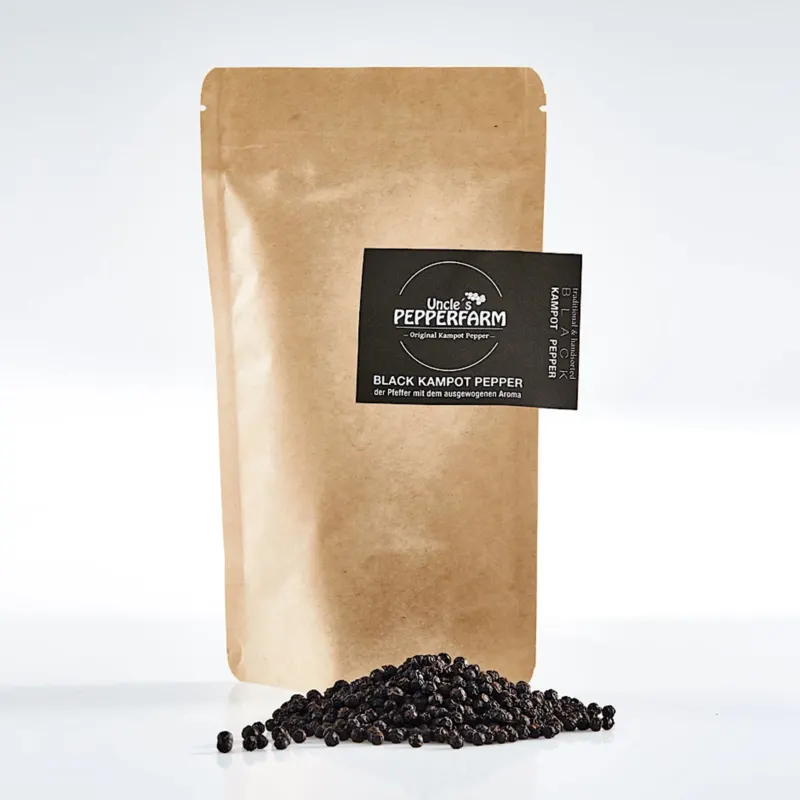 BLACK KAMPOT PEPPER | Schwarze, sonnengetrocknete PFEFFERKÖRNER | 70g in Aromaschutz-Beutel | Uncle's Pepperfarm