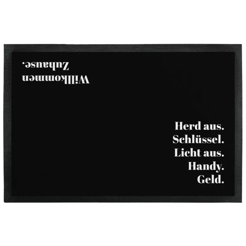 Bild: Fußmatte mit Gummilippe - Herd aus. Schlüssel. Licht aus. Handy. Geld..
