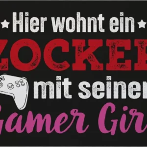 Bild: Fußmatte - Hier wohnt ein Zocker mit seinem Gamer Girl.