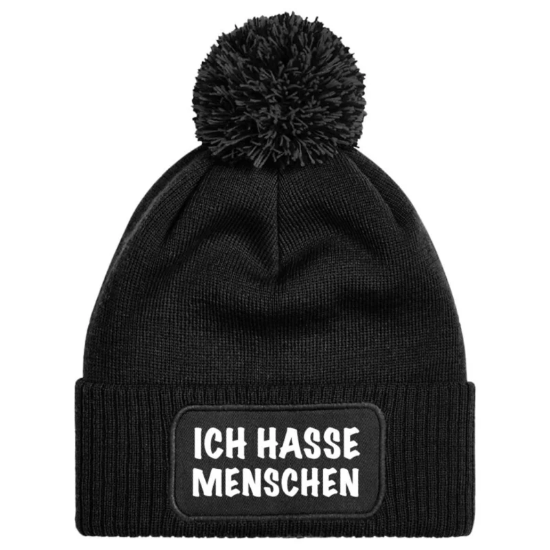 Bild: Mütze mit Bommel - Ich hasse Menschen - V2 (Schriftzug).