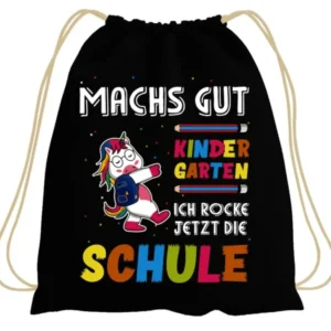 Bild: Turnbeutel - Machs gut Kindergarten Ich rocke jetzt die Schule (Einhorn).